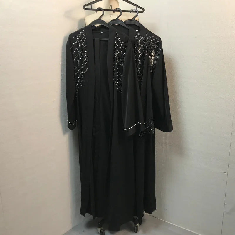 UNI 2024 Autumn Muslim Black Open Robe Muslim Women Fashion Elegant Abaya Solid Color Cardigan Dress Dubai Turkey Middle East