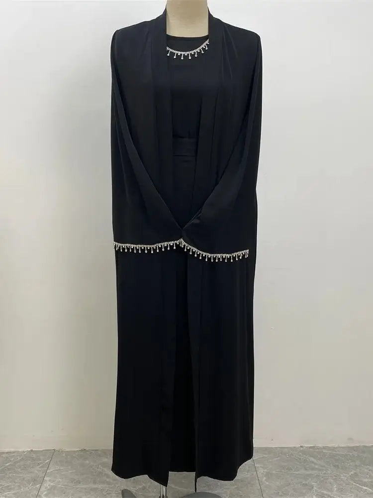 New Muslim Elegant Abaya Cuff Beading Islam Black Dress Dubai Long Woman Evening Robe Kaftan Moroccan Wedding Caftan Ramadan