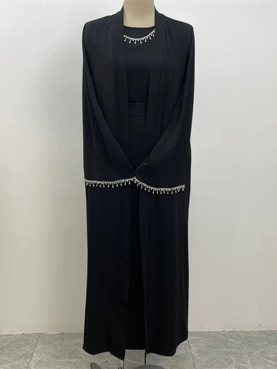 New Muslim Elegant Abaya Cuff Beading Islam Black Dress Dubai Long Woman Evening Robe Kaftan Moroccan Wedding Caftan Ramadan