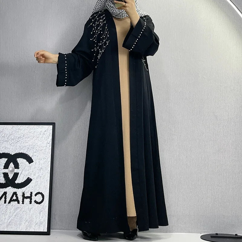 UNI 2024 Autumn Muslim Black Open Robe Muslim Women Fashion Elegant Abaya Solid Color Cardigan Dress Dubai Turkey Middle East