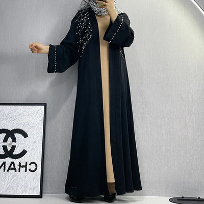 UNI 2024 Autumn Muslim Black Open Robe Muslim Women Fashion Elegant Abaya Solid Color Cardigan Dress Dubai Turkey Middle East