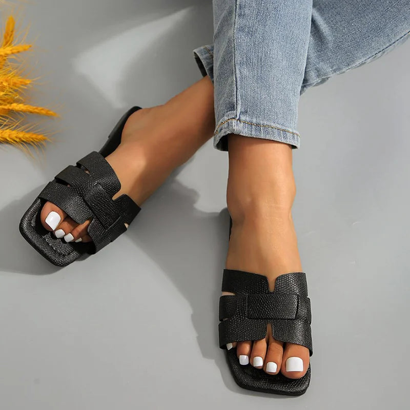 Women's Minimalist Square Toe Flat Sandals, Hollow Out Open Toe Slides Sandals, Women's Footwear for Holiday