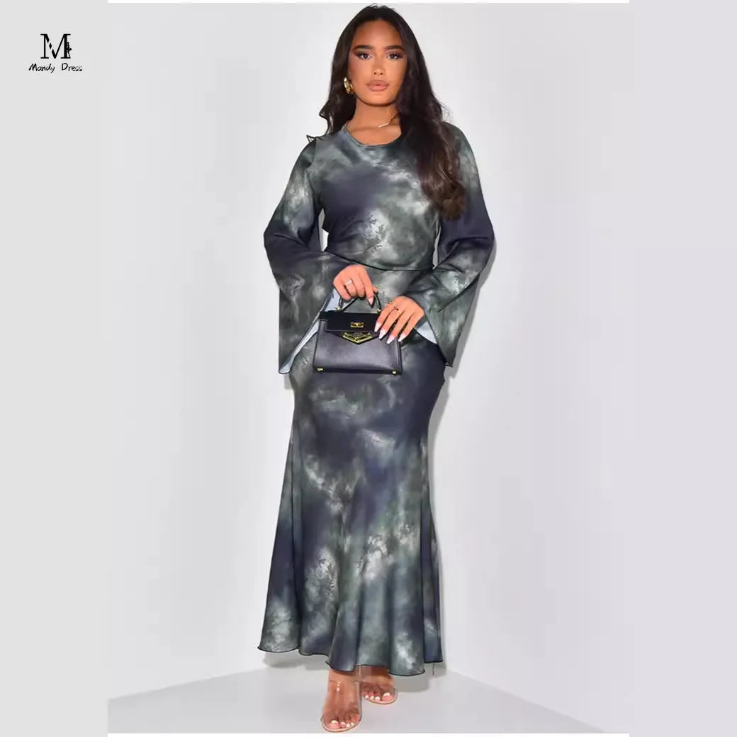 Elegante Frauen drucken Maxi kleid Langarm lose O-Ausschnitt Bandage Satin Kleidung Mode Dame Freizeit kleider