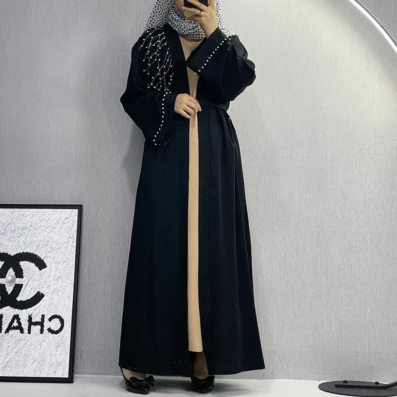 UNI 2024 Autumn Muslim Black Open Robe Muslim Women Fashion Elegant Abaya Solid Color Cardigan Dress Dubai Turkey Middle East