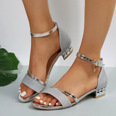 Women Sandals Summer Heels Casual Shoes Women's Open Toe Summer Gold Shoes Square Female Ankle Strap Low Heels Footwear Woman