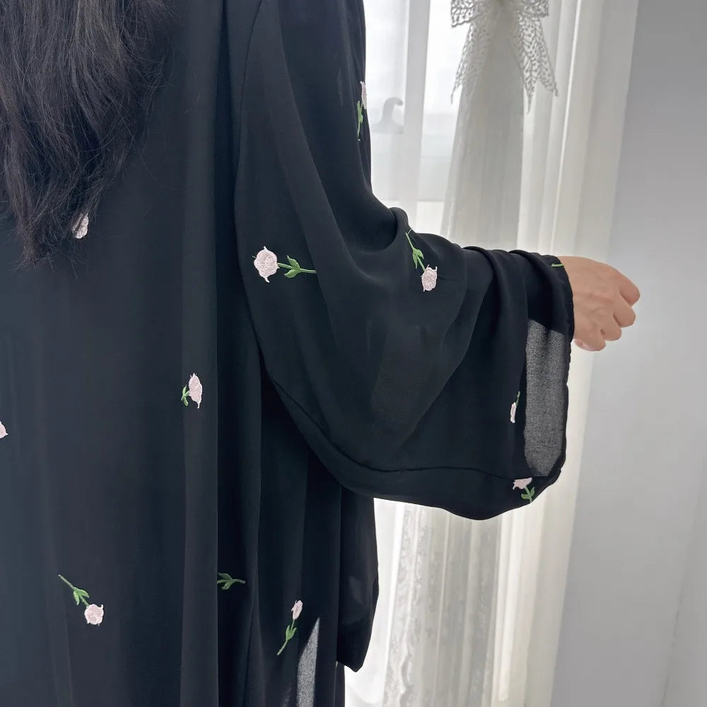 Blume Stickerei Dubai Offene Abaya Muslimische Frauen Elegante Strickjacke Mantel Nahen Osten Türkei Islam Kleidung Islamischen Party Robe