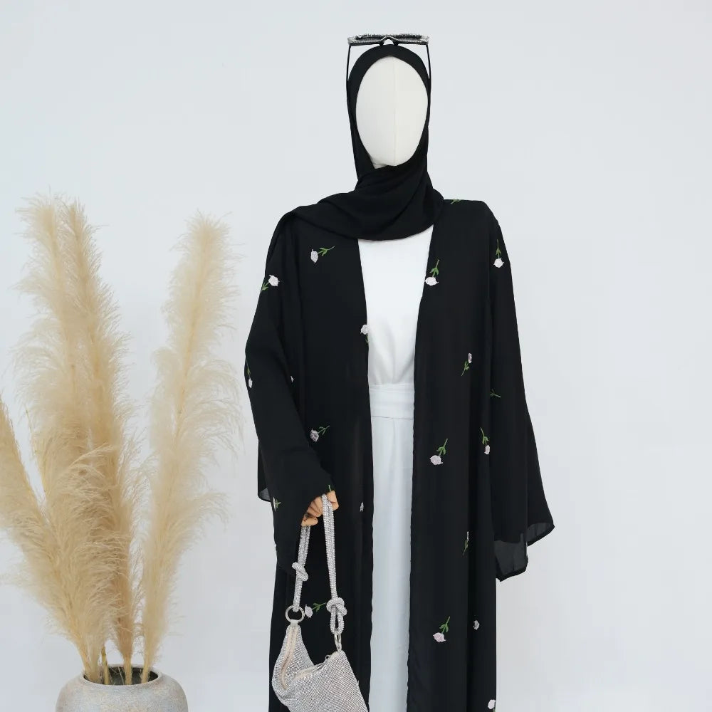 Blume Stickerei Dubai Offene Abaya Muslimische Frauen Elegante Strickjacke Mantel Nahen Osten Türkei Islam Kleidung Islamischen Party Robe