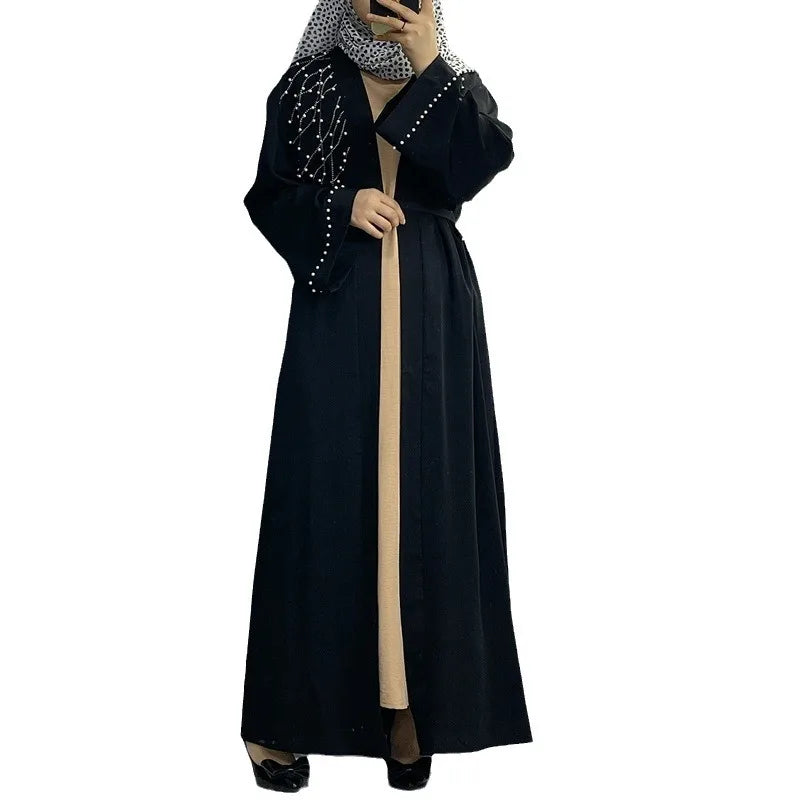 UNI 2024 Autumn Muslim Black Open Robe Muslim Women Fashion Elegant Abaya Solid Color Cardigan Dress Dubai Turkey Middle East