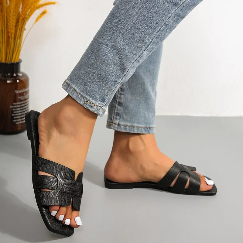 Women's Minimalist Square Toe Flat Sandals, Hollow Out Open Toe Slides Sandals, Women's Footwear for Holiday