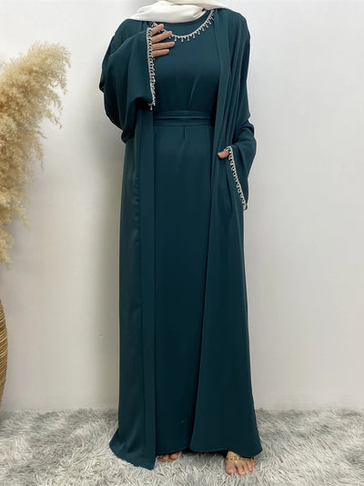 Eid Muslim Abaya Women 2 Piece Set with Inner Dress Diamond Kimono Cardigan Ramadan Abayas Kaftan Dubai Long Robe Vestidos Largo