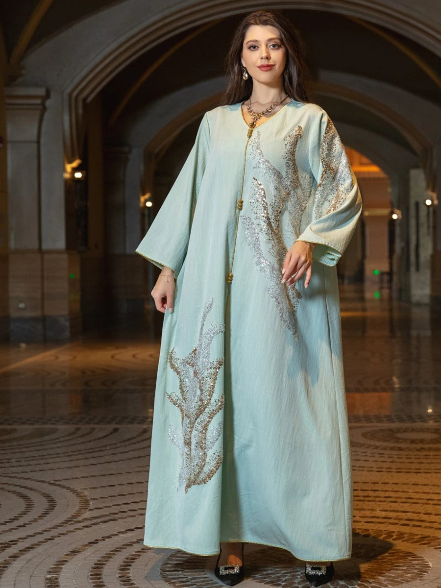 Ramadan Abayas For Women Dubai 2023 Floral Embroidery Luxury  Sequined Casual Loose Dress Elegant Prom Dresses Female Clothing