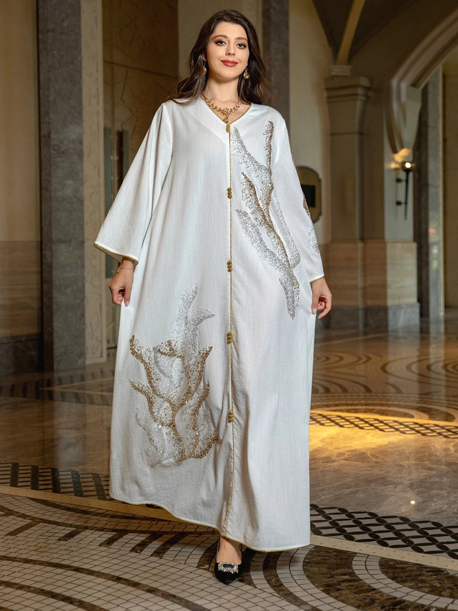 Ramadan Abayas For Women Dubai 2023 Floral Embroidery Luxury  Sequined Casual Loose Dress Elegant Prom Dresses Female Clothing