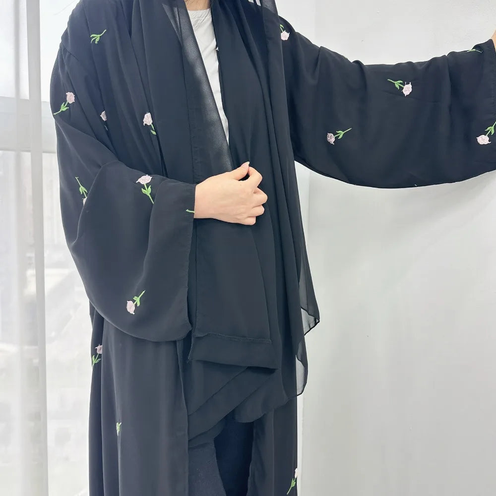 Blume Stickerei Dubai Offene Abaya Muslimische Frauen Elegante Strickjacke Mantel Nahen Osten Türkei Islam Kleidung Islamischen Party Robe