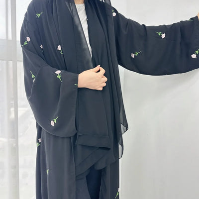 Blume Stickerei Dubai Offene Abaya Muslimische Frauen Elegante Strickjacke Mantel Nahen Osten Türkei Islam Kleidung Islamischen Party Robe