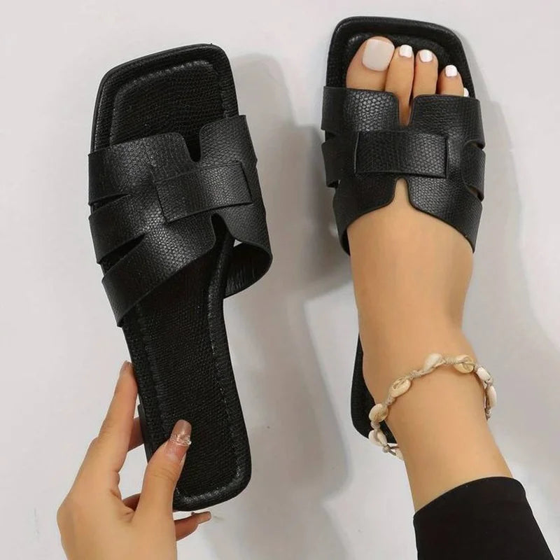 Women's Minimalist Square Toe Flat Sandals, Hollow Out Open Toe Slides Sandals, Women's Footwear for Holiday
