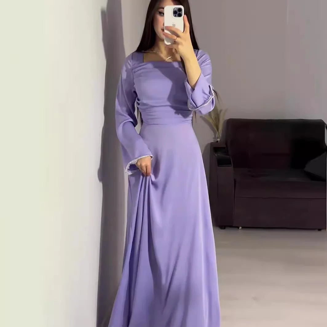 Langarm Satin Diamant verkrustete Kleid