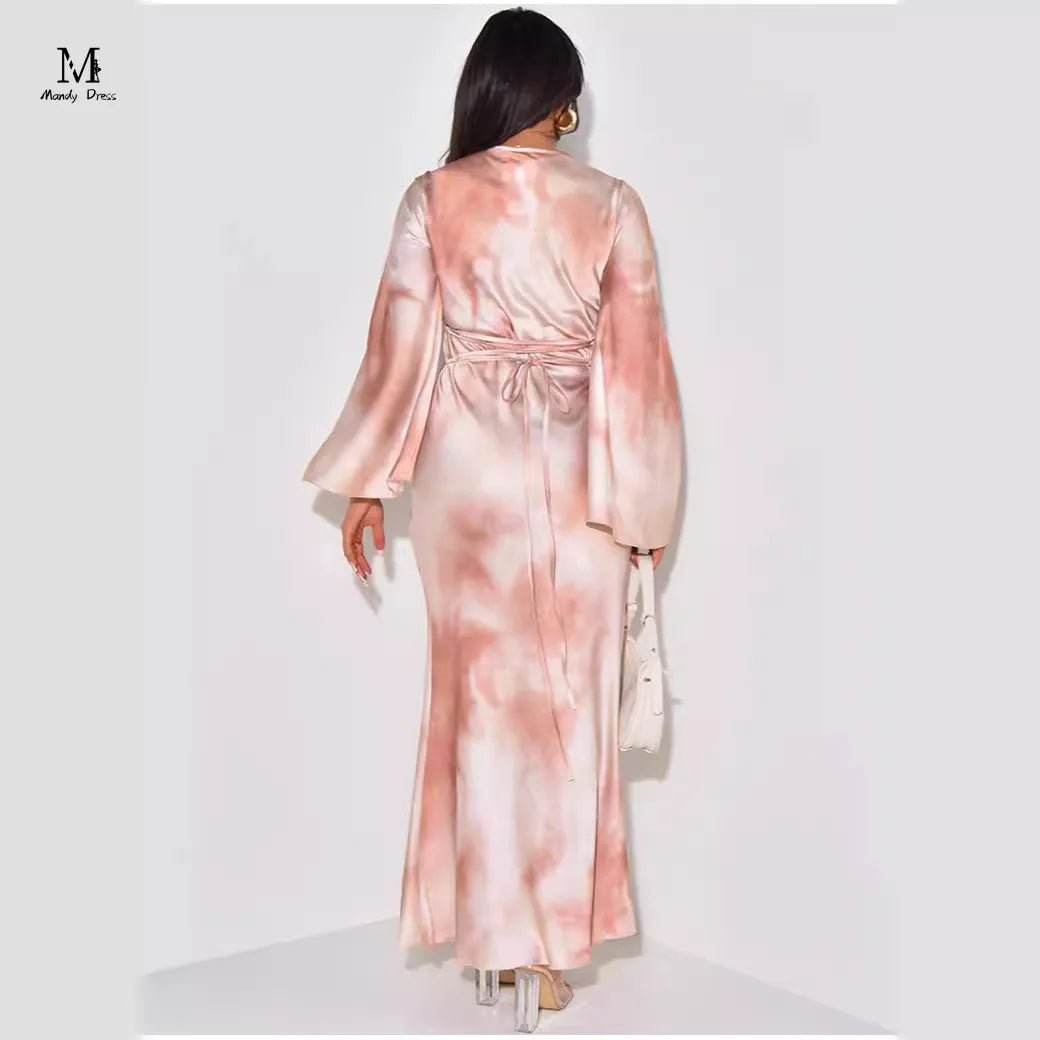 Elegante Frauen drucken Maxi kleid Langarm lose O-Ausschnitt Bandage Satin Kleidung Mode Dame Freizeit kleider