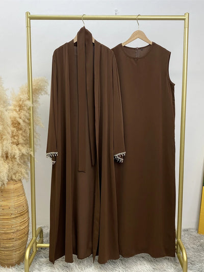 Eid Muslim Abaya Women 2 Piece Set with Inner Dress Diamond Kimono Cardigan Ramadan Abayas Kaftan Dubai Long Robe Vestidos Largo