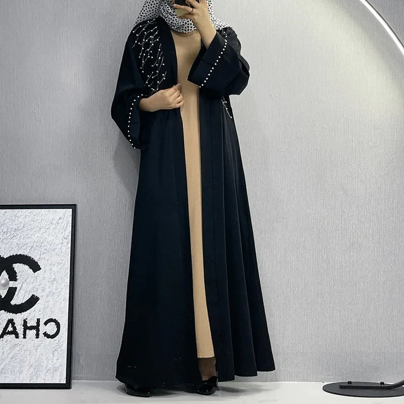 UNI 2024 Autumn Muslim Black Open Robe Muslim Women Fashion Elegant Abaya Solid Color Cardigan Dress Dubai Turkey Middle East