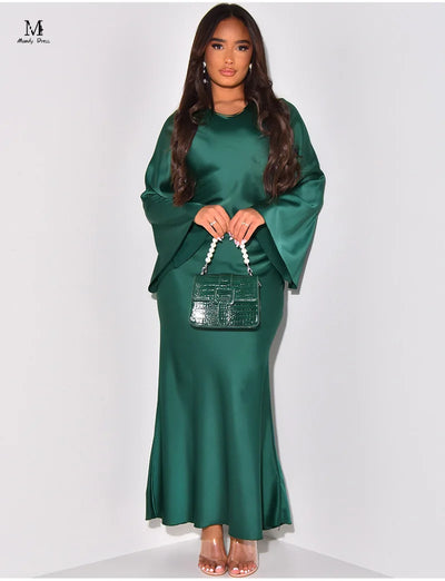 Elegante Frauen drucken Maxi kleid Langarm lose O-Ausschnitt Bandage Satin Kleidung Mode Dame Freizeit kleider