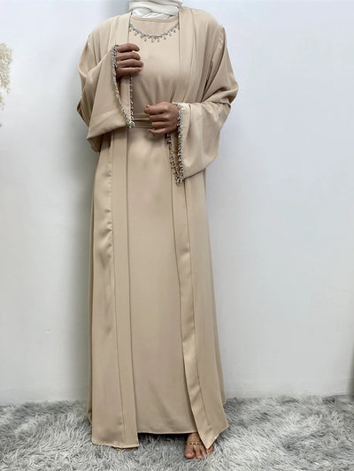 Eid Muslim Abaya Women 2 Piece Set with Inner Dress Diamond Kimono Cardigan Ramadan Abayas Kaftan Dubai Long Robe Vestidos Largo