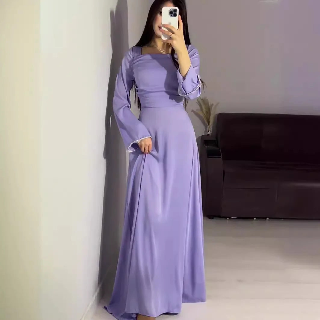 Langarm Satin Diamant verkrustete Kleid