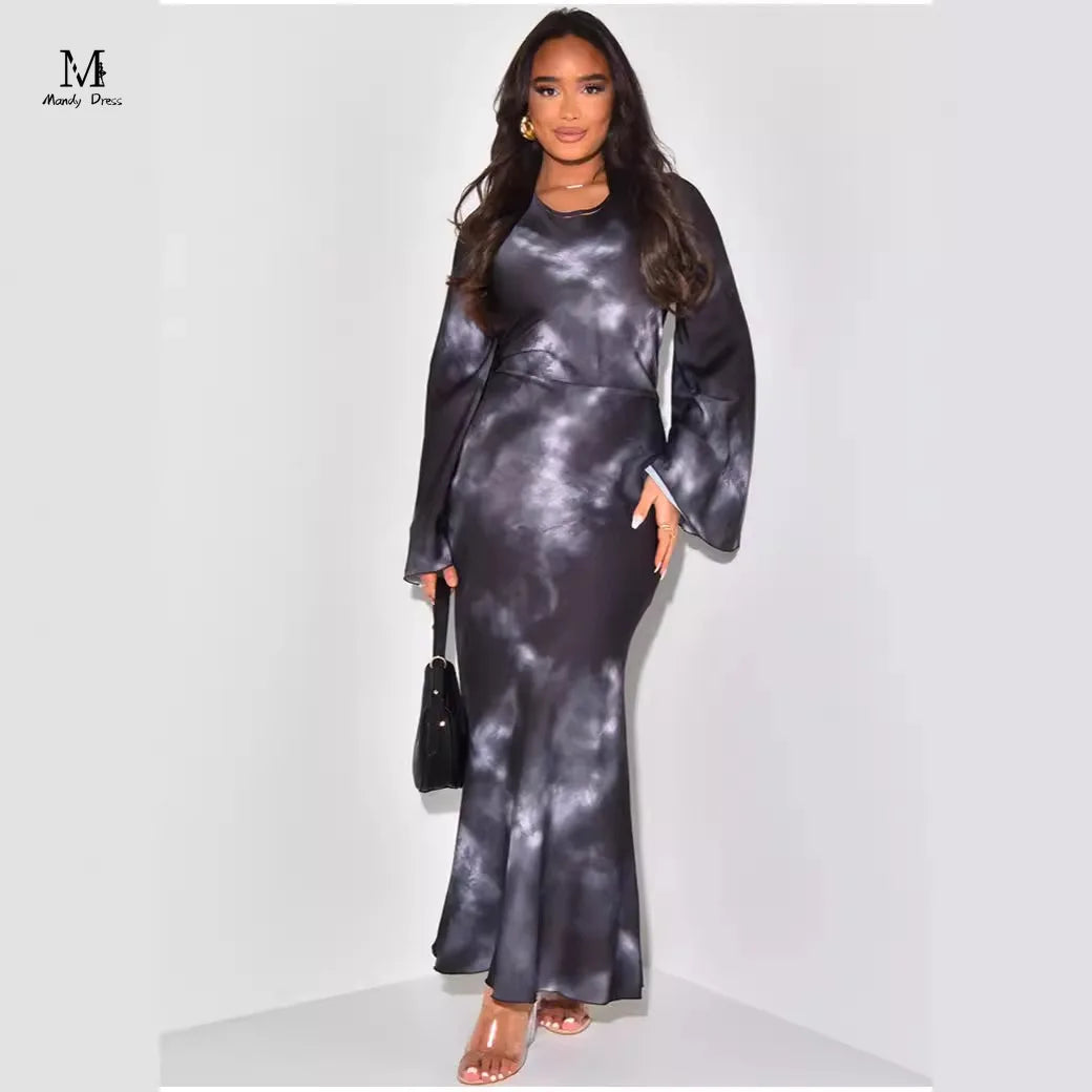 Elegante Frauen drucken Maxi kleid Langarm lose O-Ausschnitt Bandage Satin Kleidung Mode Dame Freizeit kleider