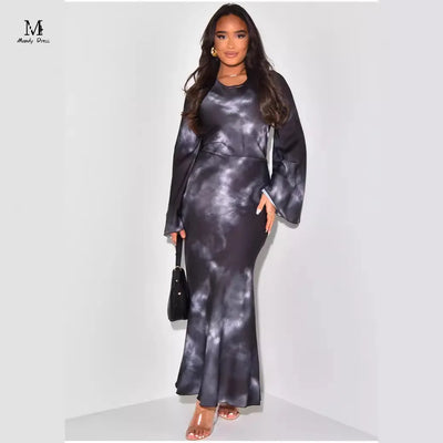 Elegante Frauen drucken Maxi kleid Langarm lose O-Ausschnitt Bandage Satin Kleidung Mode Dame Freizeit kleider