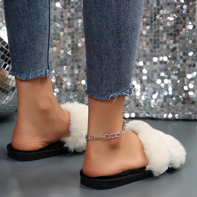 Leisure Furry Slippers Woman Slides Casual Fur Flat Heels Shoes Woman Bling Winter Autumn Slippers Plus Size Zapatos De Mujer