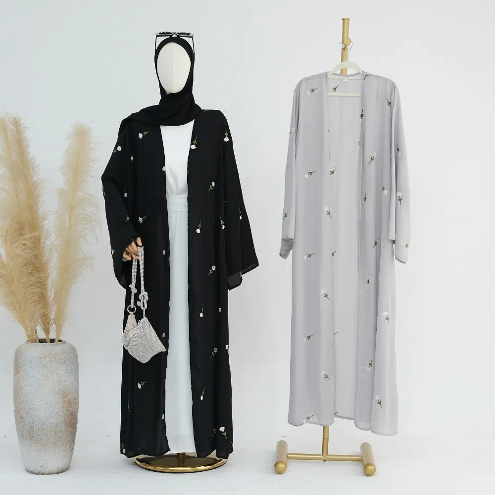 Blume Stickerei Dubai Offene Abaya Muslimische Frauen Elegante Strickjacke Mantel Nahen Osten Türkei Islam Kleidung Islamischen Party Robe