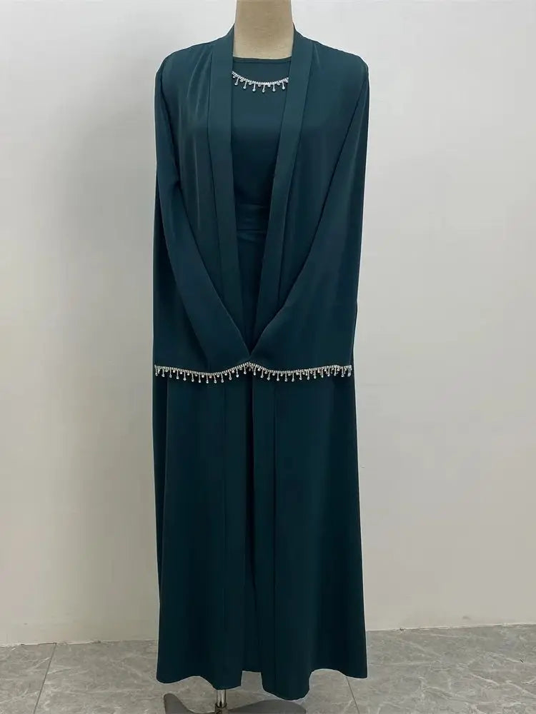 New Muslim Elegant Abaya Cuff Beading Islam Black Dress Dubai Long Woman Evening Robe Kaftan Moroccan Wedding Caftan Ramadan