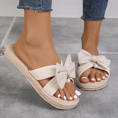 Women's Artificial Straw Sole Shoes 2024 Summer Designer Bow Flat Weave Beach Flip Flops Ladies Light Slippers Zapatos De Mujer