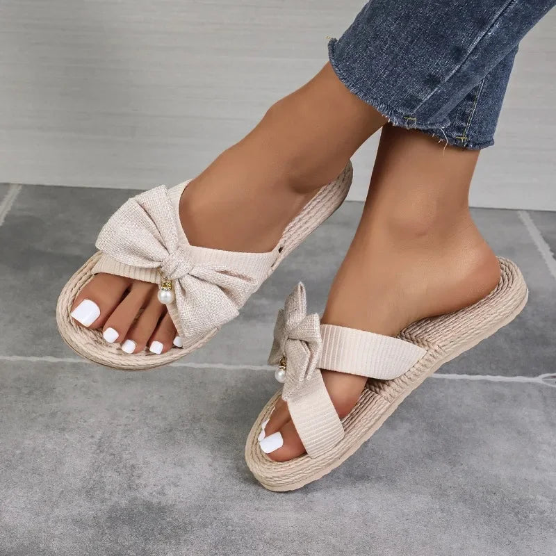 Women's Artificial Straw Sole Shoes 2024 Summer Designer Bow Flat Weave Beach Flip Flops Ladies Light Slippers Zapatos De Mujer