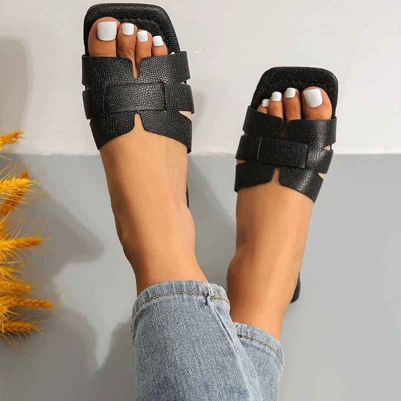 Women's Minimalist Square Toe Flat Sandals, Hollow Out Open Toe Slides Sandals, Women's Footwear for Holiday