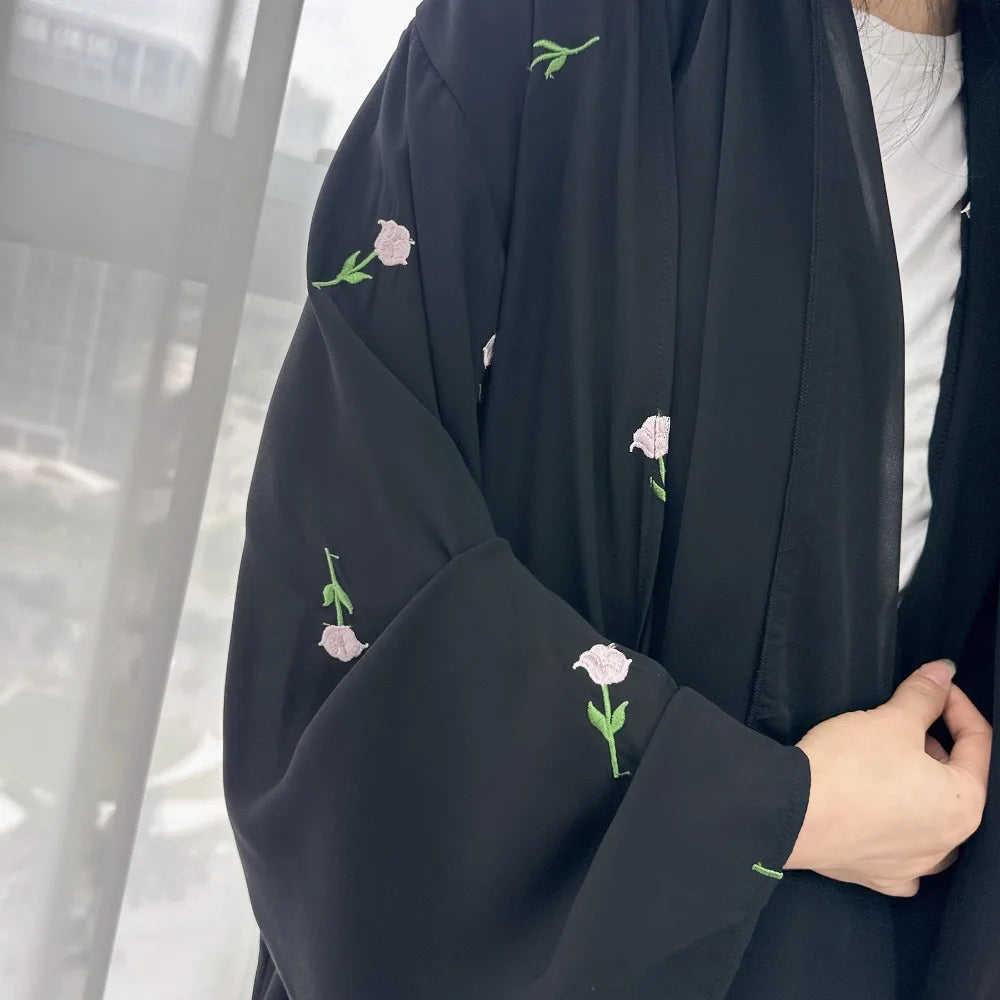 Blume Stickerei Dubai Offene Abaya Muslimische Frauen Elegante Strickjacke Mantel Nahen Osten Türkei Islam Kleidung Islamischen Party Robe
