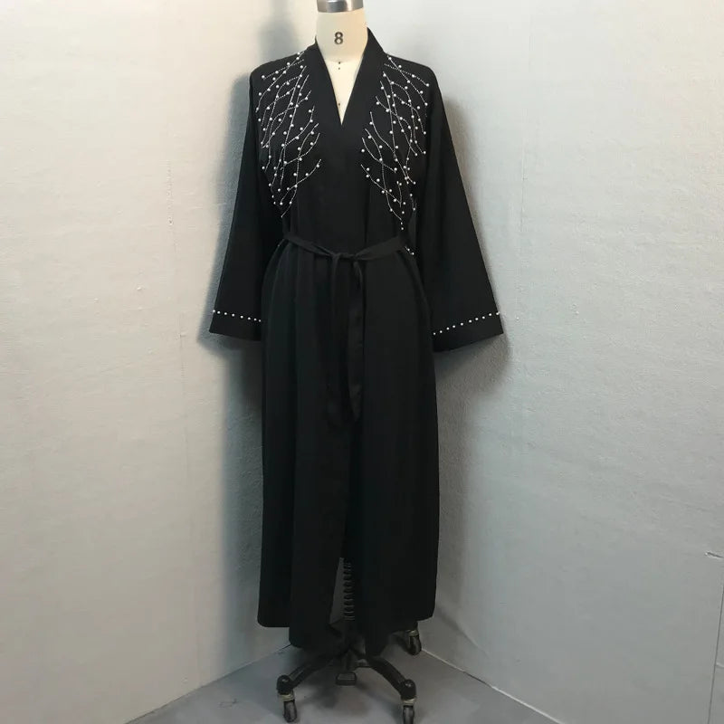 UNI 2024 Autumn Muslim Black Open Robe Muslim Women Fashion Elegant Abaya Solid Color Cardigan Dress Dubai Turkey Middle East