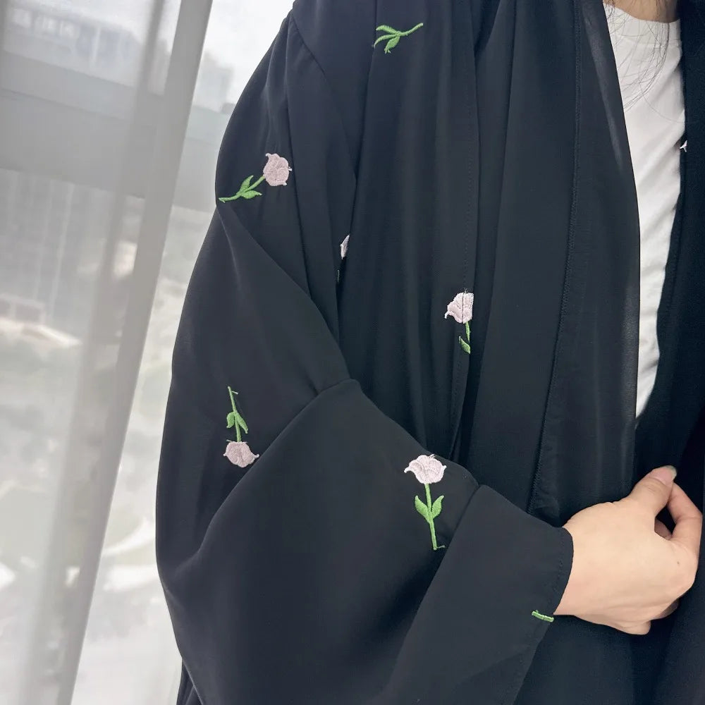 Blume Stickerei Dubai Offene Abaya Muslimische Frauen Elegante Strickjacke Mantel Nahen Osten Türkei Islam Kleidung Islamischen Party Robe