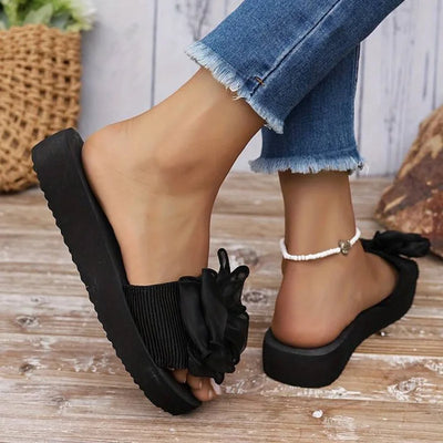 Women's Bowknot Decor Slides, Slip On Lightweight Beach Slides, Non-slip Vacation Flats