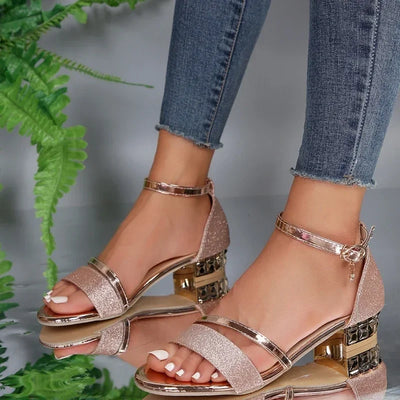 Women Sandals Summer Heels Casual Shoes Women's Open Toe Summer Gold Shoes Square Female Ankle Strap Low Heels Footwear Woman