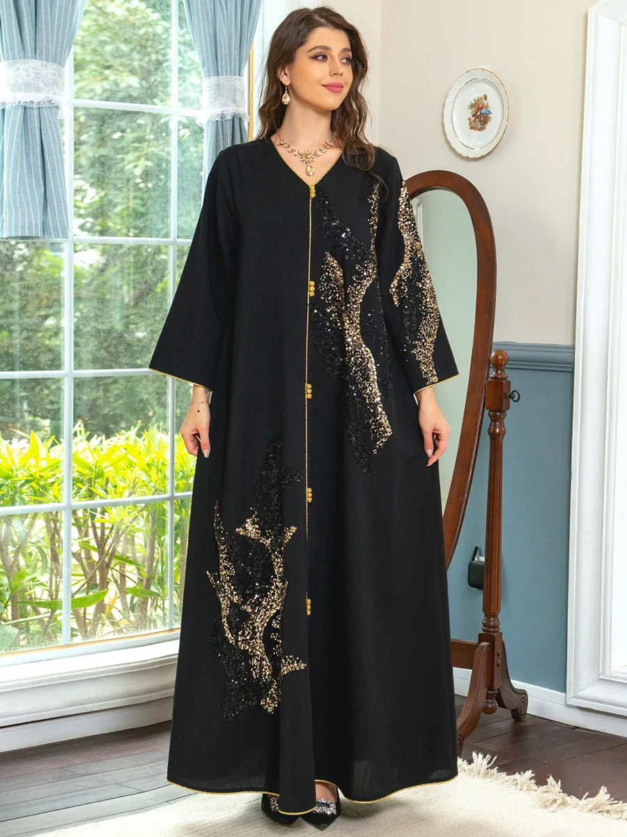 Ramadan Abayas For Women Dubai 2023 Floral Embroidery Luxury  Sequined Casual Loose Dress Elegant Prom Dresses Female Clothing