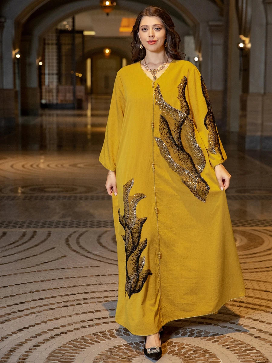 Ramadan Abayas For Women Dubai 2023 Floral Embroidery Luxury  Sequined Casual Loose Dress Elegant Prom Dresses Female Clothing