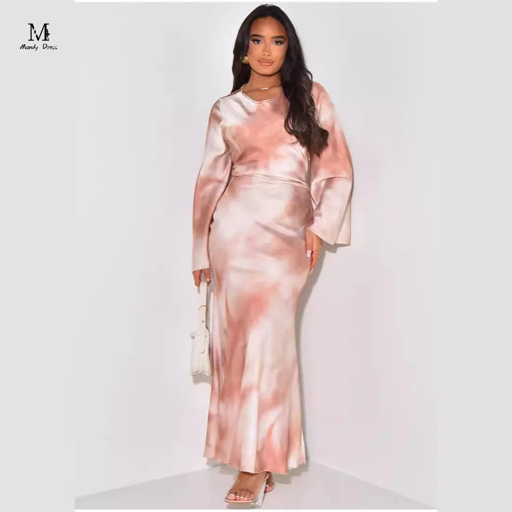 Elegante Frauen drucken Maxi kleid Langarm lose O-Ausschnitt Bandage Satin Kleidung Mode Dame Freizeit kleider
