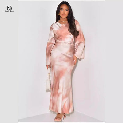 Elegante Frauen drucken Maxi kleid Langarm lose O-Ausschnitt Bandage Satin Kleidung Mode Dame Freizeit kleider