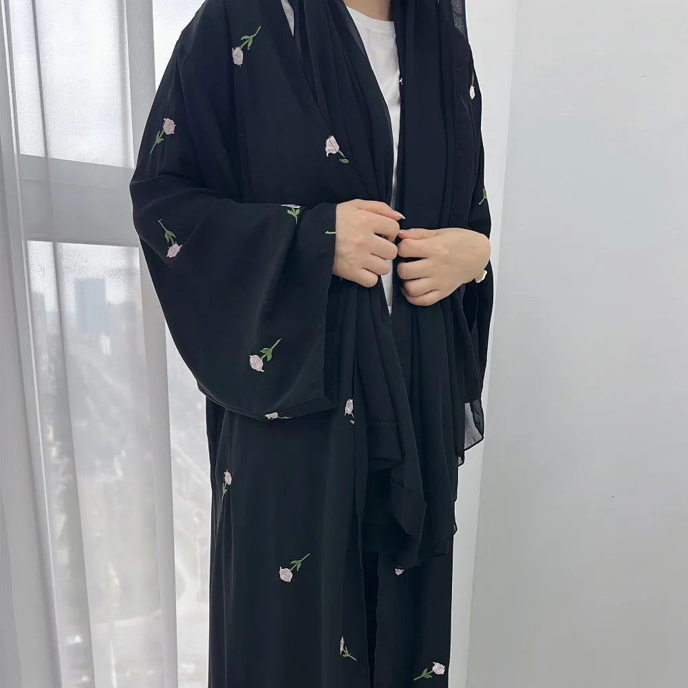 Blume Stickerei Dubai Offene Abaya Muslimische Frauen Elegante Strickjacke Mantel Nahen Osten Türkei Islam Kleidung Islamischen Party Robe